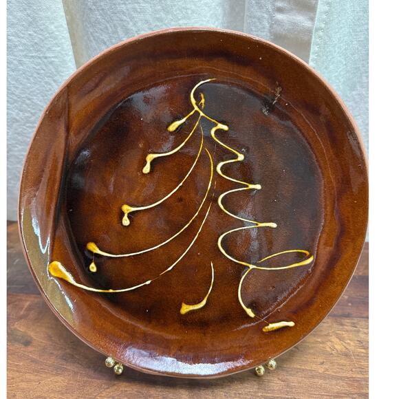 Pied Potter Rick Hamelin Redware Pottery Slipware Christmas Tree Motif Plate - Picture 1 of 12